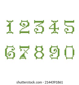 set of numbers in pixel style, green and orange color
