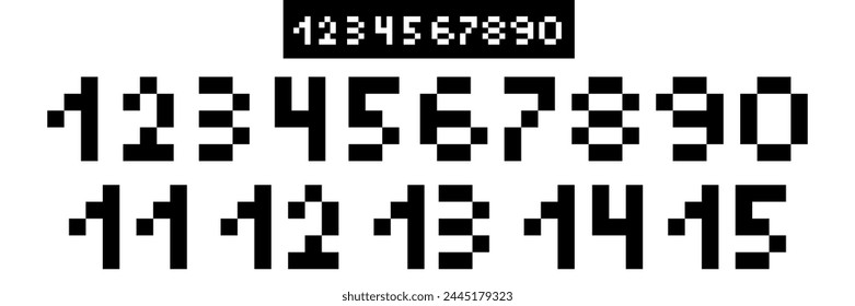 A set with numbers in pixels. An invoice with a number on black and on white. Vector illustration. Pixel graphics. Retro black elements on a white background. 8 bit game