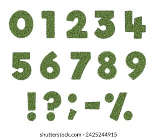 Set of numbers and punctuation marks with grass texture. Green eco friendly realistic figures on a white background. Vector.