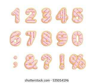 Set of numbers and punctuation marks . Shortbread cookies with strawberry glaze