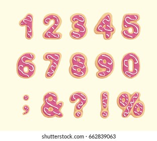 Set of numbers and punctuation marks . Shortbread cookies with strawberry glaze