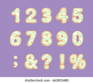 Set of numbers and punctuation marks . Shortbread cookies with mint glaze