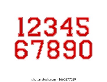 Set of numbers with red and white typography design elements 1, 2, 3, 4, 5, 6, 7, 8, 9, 0.