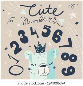 Set of numbers in scandinavian style for kids. Vector illustration. Cute bear illustration. 