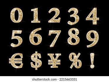 A set of numbers and signs of currencies in gold, sparkling with glitter and a metallic stroke.