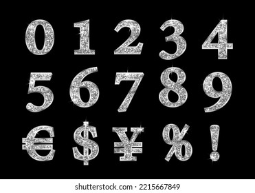 A set of numbers and signs of currencies, silver, sparkling with glitter and a metallic stroke.