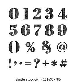 Set of numbers and signs. Hand drawn design elements textured by ornaments. Vector black and white isolated illustration.