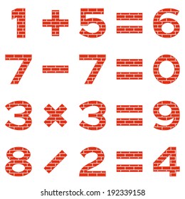 Set of numbers and signs in mathematical equations, addition, subtraction, multiplication and division, decorated with red brick, elements for design. Vector