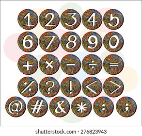 Set of numbers and signs on colorful circles 