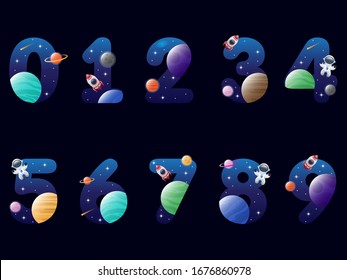 Set of numbers with space and planets