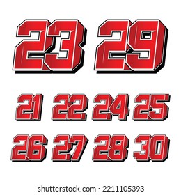 Set Of Numbers For Sports And Racing Numbers 21-30