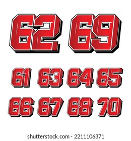 Set of numbers for sports and racing numbers 61-70