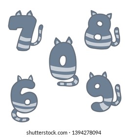 Set of numbers. Striped grey cats. Animal tail. Teaching children mathematics. Arithmetic symbol. Funny cartoon illustration for school. Six, seven, eight, nine, zero. 