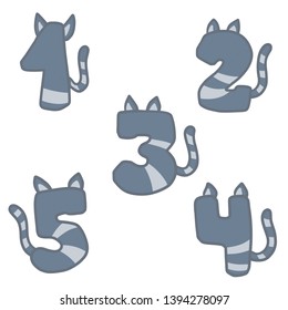 Set of numbers. Striped grey cats. Animal tail. Teaching children mathematics. Arithmetic symbol. Funny cartoon illustration for school. One, two, three, four, five