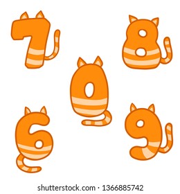 Set of numbers. Striped red cats. Animal tail. Teaching children mathematics. Arithmetic symbol. Funny cartoon illustration for school. Six, seven, eight, nine, zero.