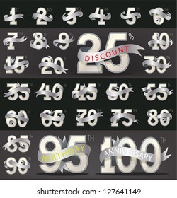 Set of numbers with stylish ribbon for birthday, anniversary, discount and other message.