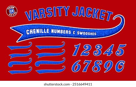 a set of numbers and swooshes in the style of puffy chenille patches on letter jackets, in team colors red, white and blue