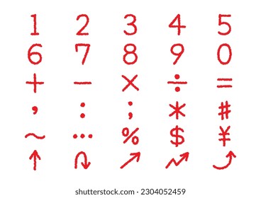 Set of numbers and symbol arrows handwritten with a red pen