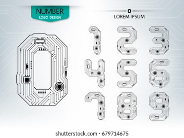 Set of numbers technology with a circuit on the gray background vector illustration