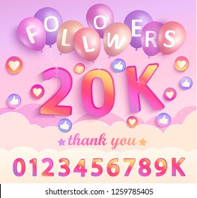 Set of numbers for Thank you followers design.Thanks followers congratulation card. Vector illustration for Social Networks. Web user or blogger celebrates and tweets a large number of subscribers.