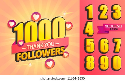 Set of numbers for Thanks followers design.Thank you followers congratulation card. Vector illustration for Social Networks. Web user or blogger celebrates a large number of subscribers.