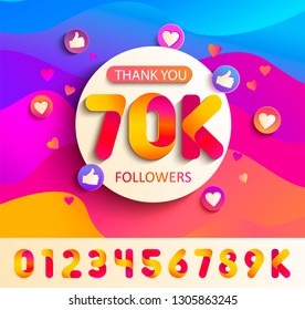 Set of numbers for Thanks followers template design.Thank you 70K followers congratulation card on wavy background with thumb up, hearts, likes.Vector for Social Networks,Web user,bloggers,subscribers