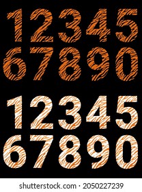 Set of numbers with a tiger pattern. Decorative striped numbers from 0 to 9 on black background. Vector illustration. Isolated elements for design and decoration