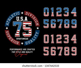 Set Numbers USA Flags typography design for printing on t-shirts and other uses, Vector illustration