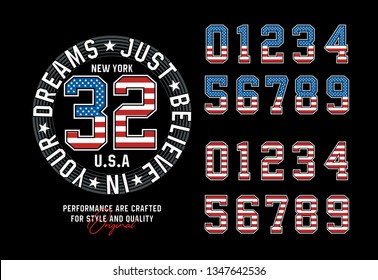 Set Numbers USA Flags typography design for printing on t-shirts and other uses, Vector illustration