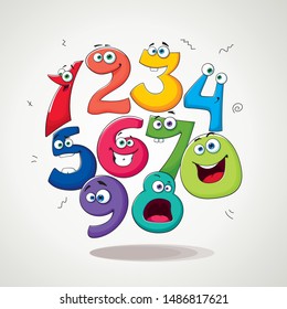 Set of numbers of vector cartoon characters. Funny numerical figures with different emotions and colors