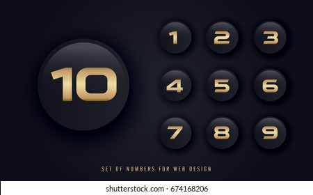 set of numbers for web design gold and black on buttons vector,  black background