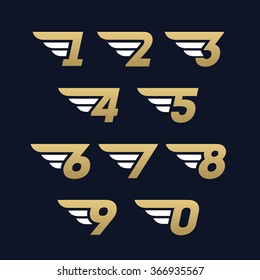 Set of numbers. Wings design element on dark blue background. Vector illustration numbers collection. Corporate branding identity