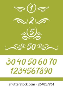 Set of numbers, written by a brush, with decor elements. A set of the lines drawn with a brush. Design of date, decorative number of the page.