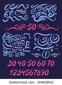 Set of numbers, written by a brush, with decor elements. Design of anniversary date, decorate number of the page.