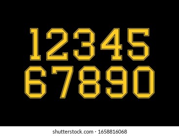 Set of numbers with yellow and black typography design elements 1, 2, 3, 4, 5, 6, 7, 8, 9, 0.