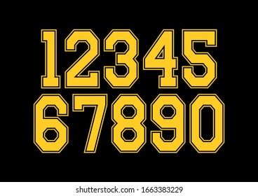 Set of numbers with yellow and black typography design elements 1, 2, 3, 4, 5, 6, 7, 8, 9, 0.