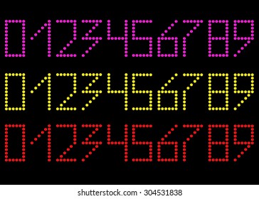 A set of numbers. Yellow, red and pink. The figures consist of points. As the index on the envelope. On a black background.