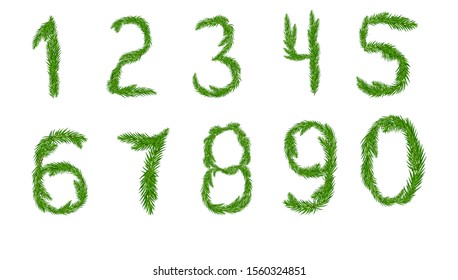 A set of numbers from zero to nine constructed from pine branches. Vector illustration for your design.