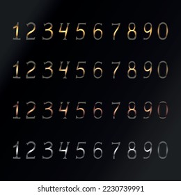 Set of numbers from Zero to Nine in different metall colors. Gold. Bronze. Silver. Black background. Hand drawn numbers. Vector art