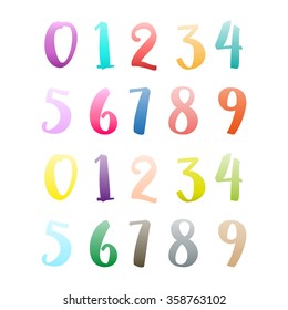 Set of numbers from zero to nine with multicolored gradient from dark to light, pale green, red, yellow, blue, purple, orange, gray, aquamarine, pink.