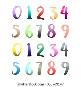 Set of numbers from zero to nine with multicolored gradient from dark to light green, red, yellow, blue, purple, orange, gray, aquamarine, pink.