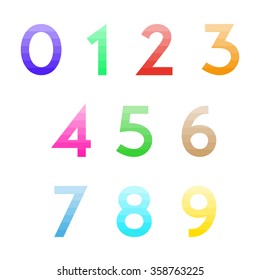Set of numbers from zero to nine with multicolored gradient from dark to light transition pale rectangles line polygons from green, red, yellow, blue, purple, orange, gray, aquamarine, pink.