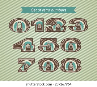 a set of numbers from zero to nine in retro style retro colors on a gray background