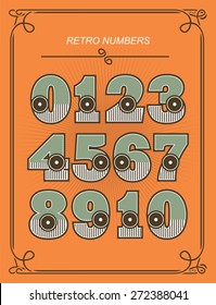 A set of numbers from zero to nine in retro style retro colors on a orange background