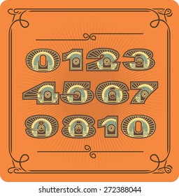 A set of numbers from zero to nine in retro style retro colors on a orange background