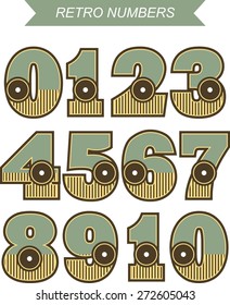 A set of numbers from zero to nine in retro style retro colors on a white background