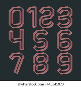Set of numbers from zero to nine in retro colors and 3D effects, vector illustrations.
