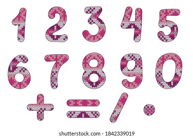 A set of numbers from zero to nine and signs decorated with a hand-knitted northern pattern