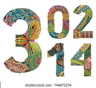 Set Of Numbers Zero, One, Two, Three, Four Zentangle. Vector Decorative Objects