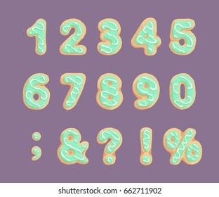 Set of numberss and punctuation marks . Shortbread cookies with mint glaze